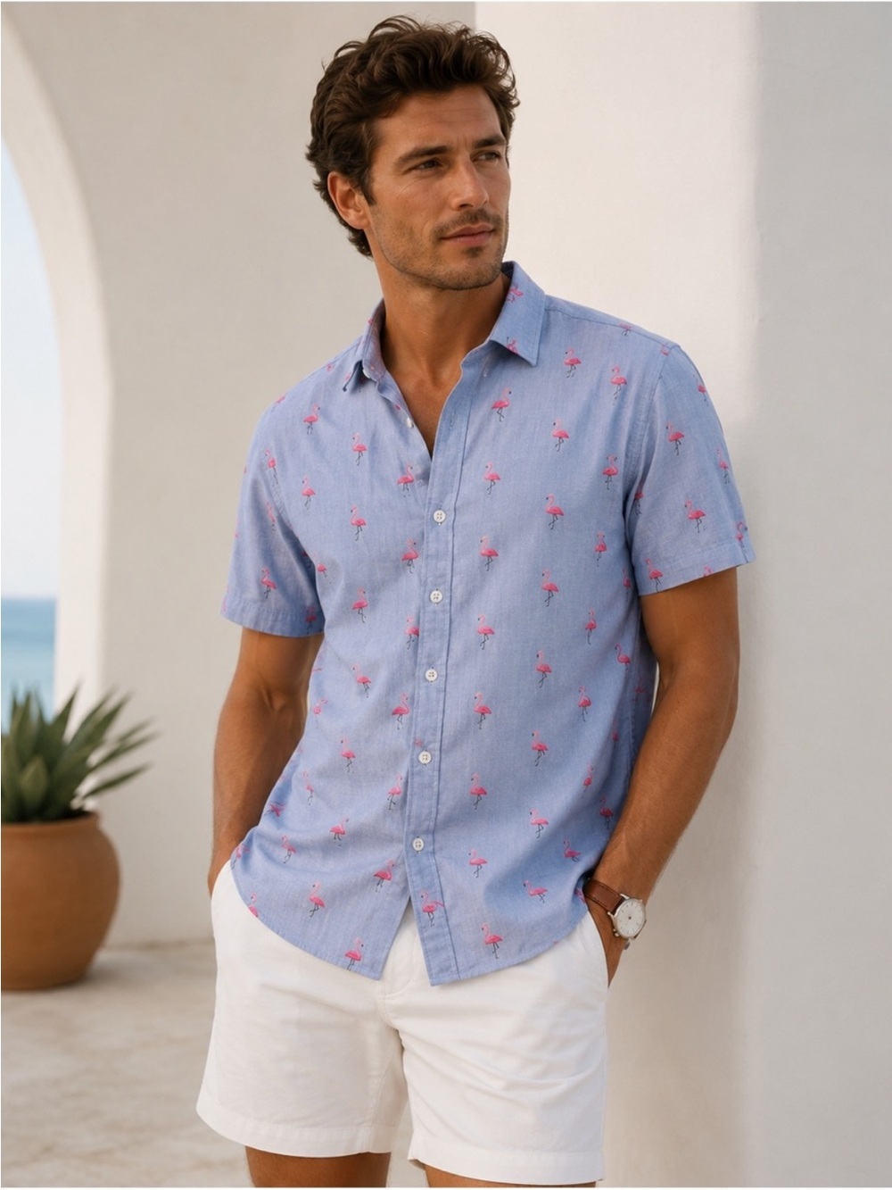 Light Blue Short-Sleeve Flamingo Print Shirt